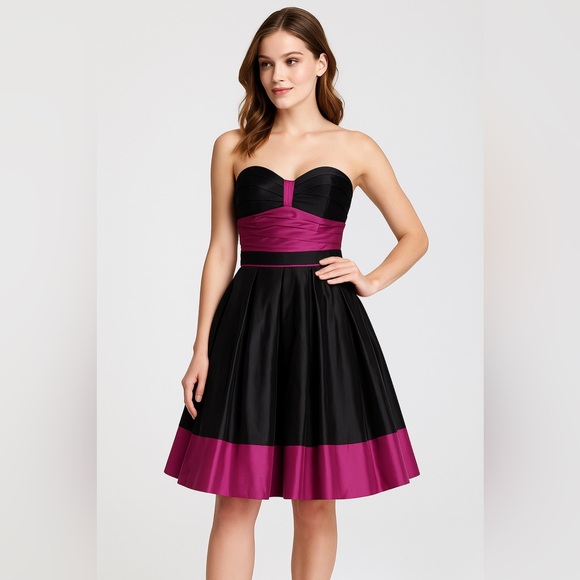 Betsey Johnson NWT Strapless Silk Black Magenta Party Dress Sz 4 Prom Formal - Picture 1 of 8
